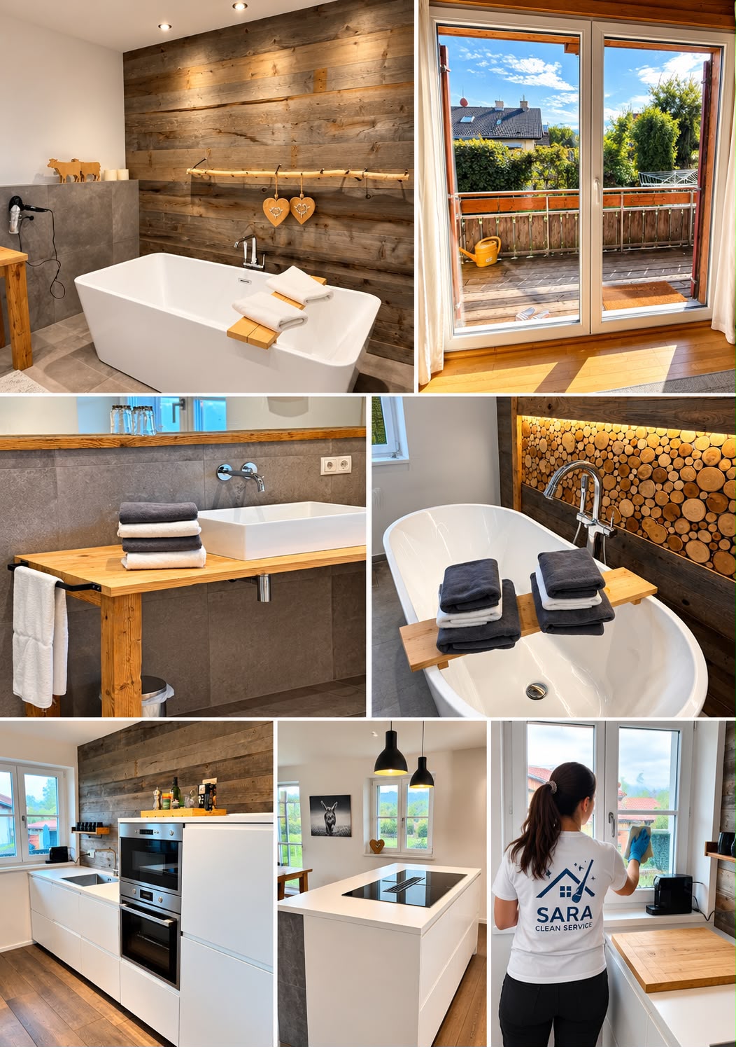 Collage echter Fotos von Sara Clean Service: gereinigte Badezimmer, Küchen und eine Mitarbeiterin bei der Fensterreinigung
